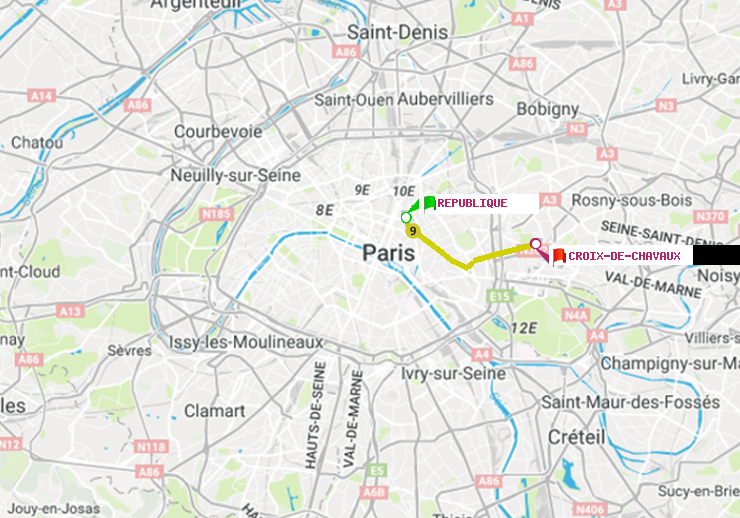 plan itinéraire ratp de République à Croix-de-Chavaux (Jacques Duclos)