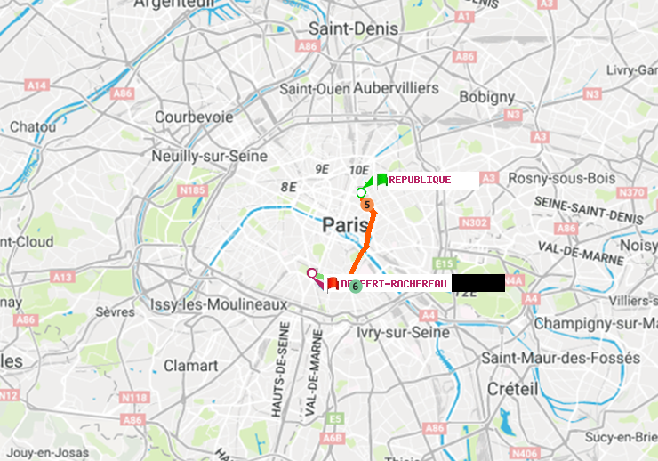 plan itinéraire ratp de République à Denfert-Rochereau