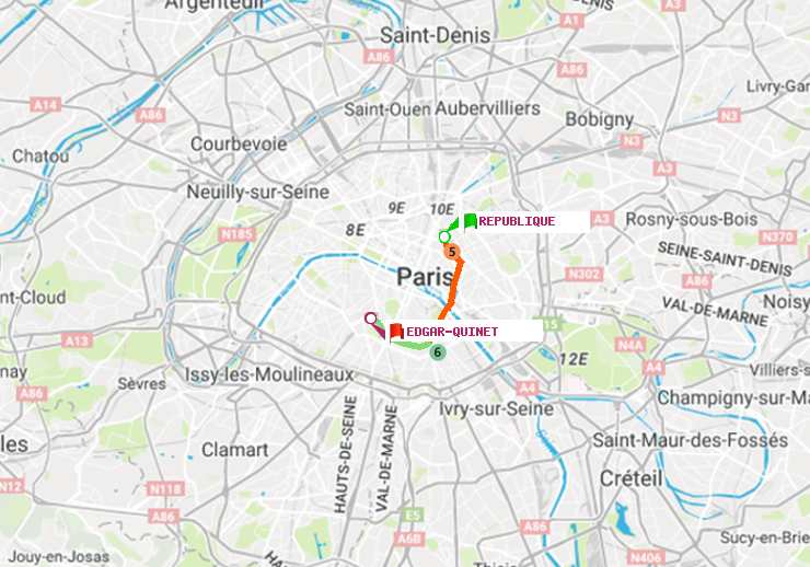plan itinéraire ratp de République à Edgar-Quinet