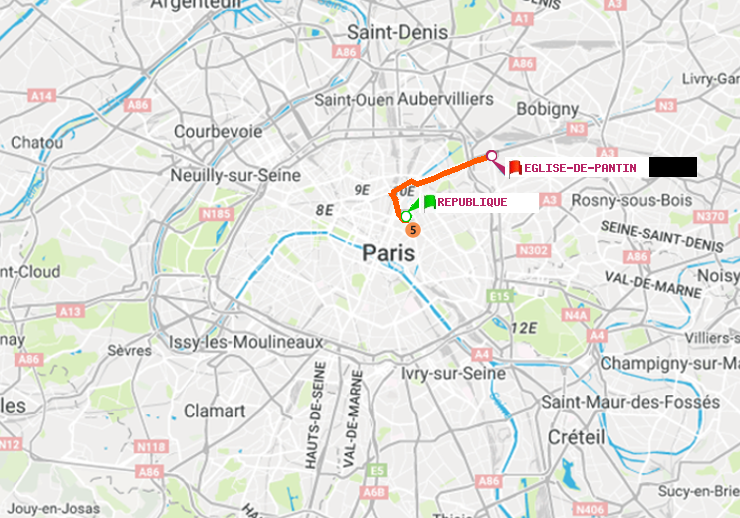 plan itinéraire ratp de République à Eglise de Pantin