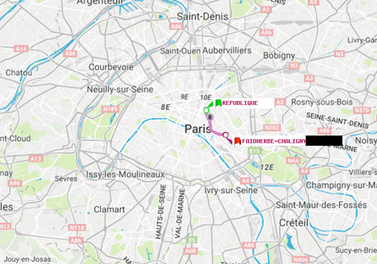 plan itinéraire ratp de République à Faidherbe-Chaligny