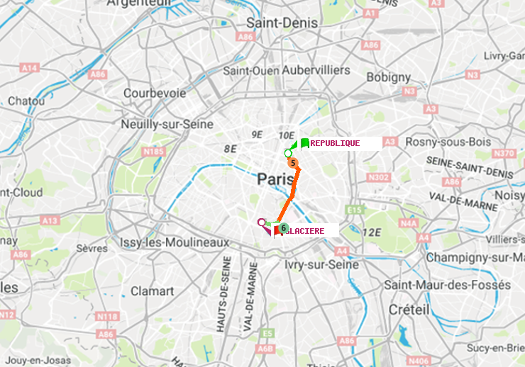 plan itinéraire ratp de République à Glacière