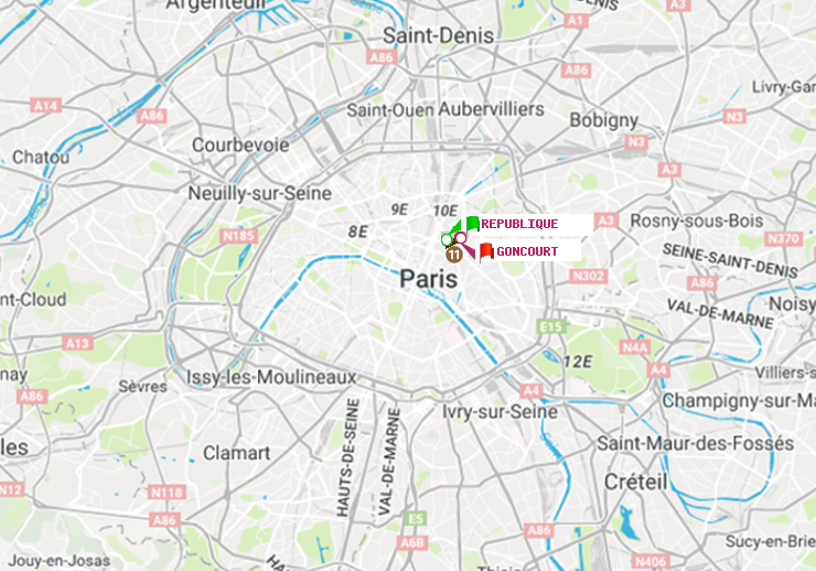 plan itinéraire ratp de République à Goncourt (Hôpital Saint-Louis)