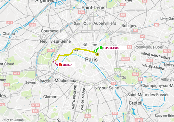 plan itinéraire ratp de République à Jasmin