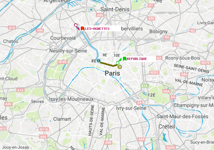 plan itinéraire ratp de République à Les Agnettes