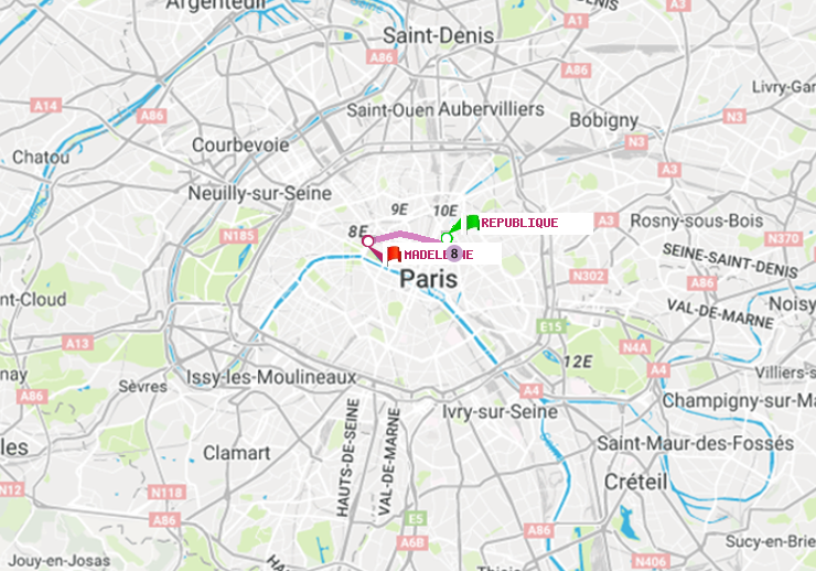 plan itinéraire ratp de République à Madeleine