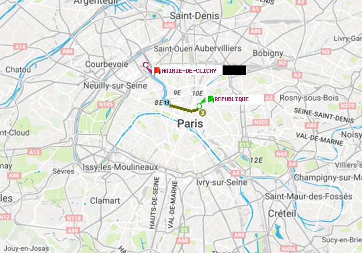 plan itinéraire ratp de République à Mairie de Clichy