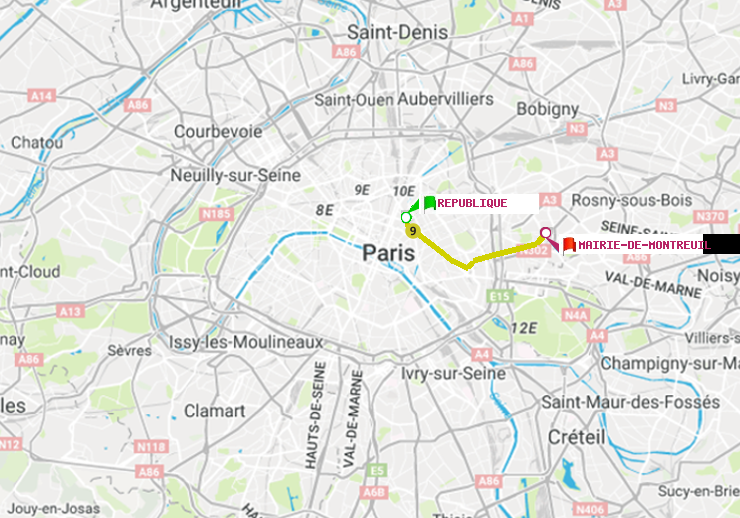 plan itinéraire ratp de République à Mairie de Montreuil