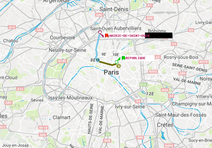 plan itinéraire ratp de République à Mairie de Saint-Ouen