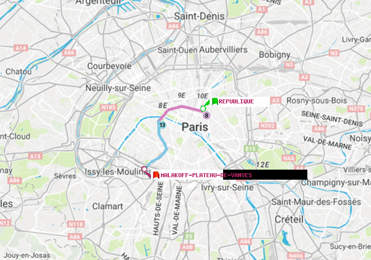 plan itinéraire ratp de République à Malakoff-Plateau de Vanves