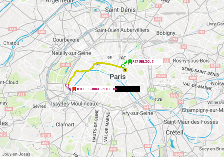 plan itinéraire ratp de République à Michel-Ange-Molitor