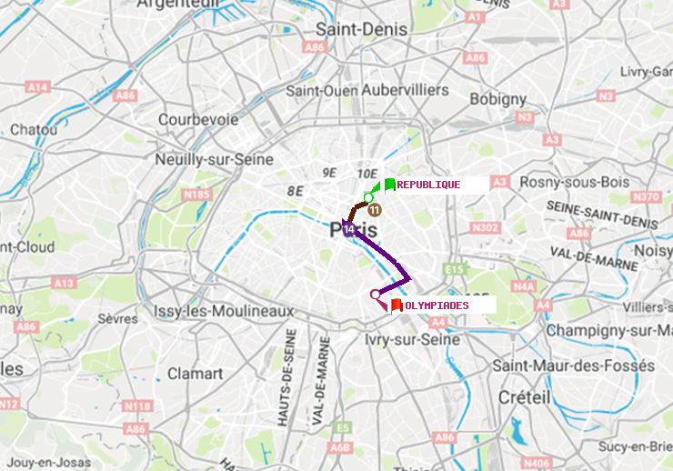 plan itinéraire ratp de République à Olympiades