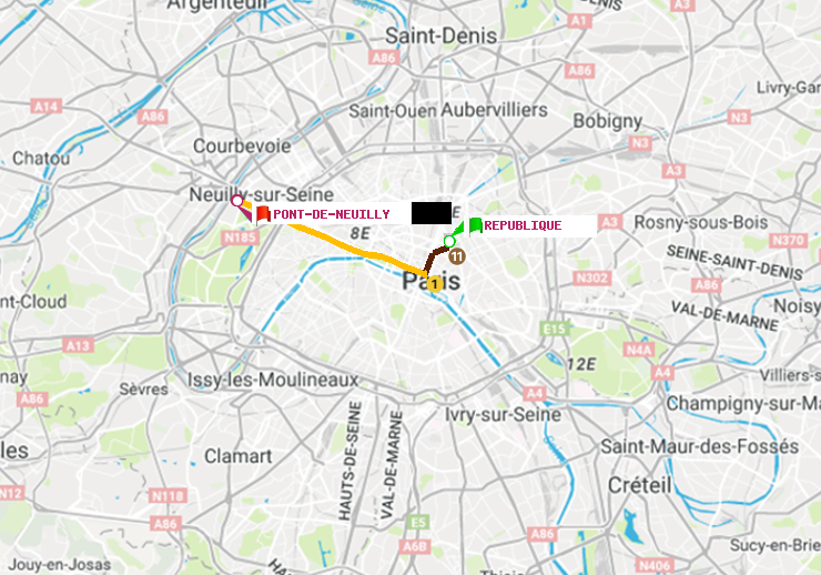 plan itinéraire ratp de République à Pont de Neuilly