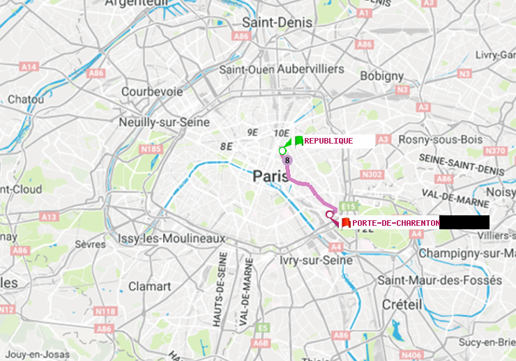 plan itinéraire ratp de République à Porte de Charenton