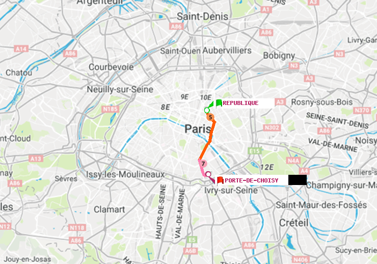plan itinéraire ratp de République à Porte de Choisy