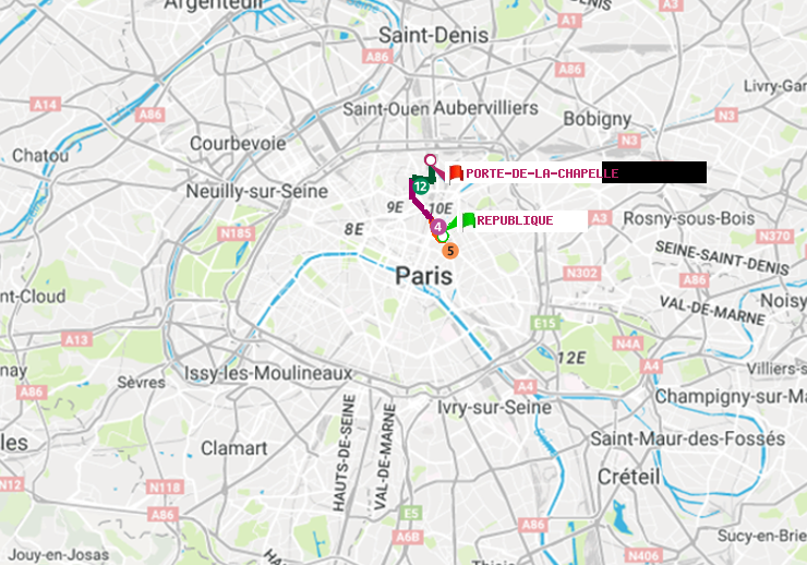 plan itinéraire ratp de République à Porte de la Chapelle