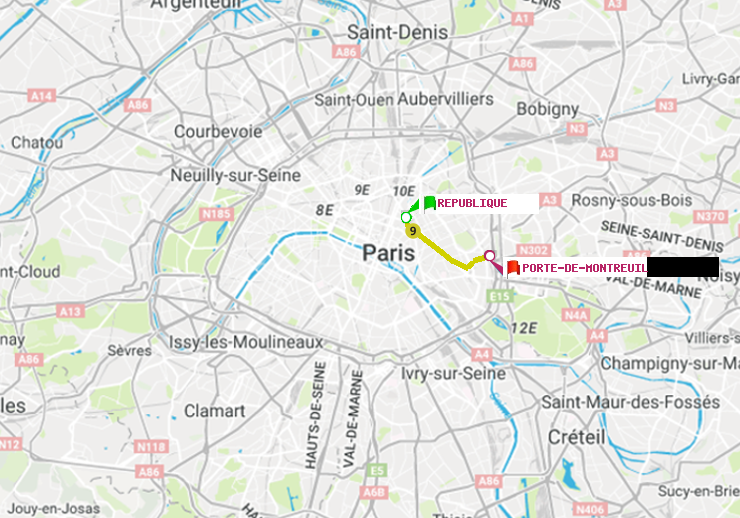 plan itinéraire ratp de République à Porte de Montreuil