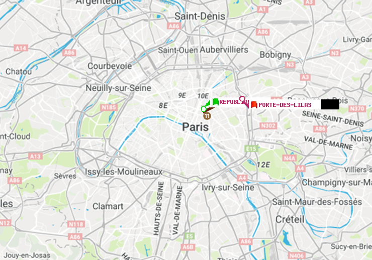 plan itinéraire ratp de République à Porte des Lilas
