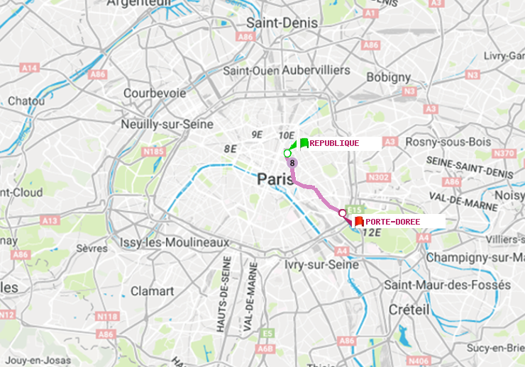 plan itinéraire ratp de République à Porte Dorée