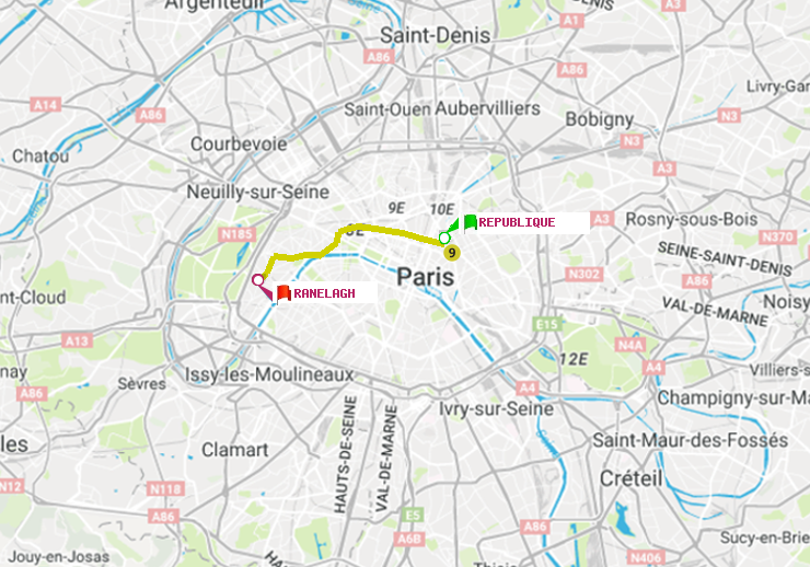 plan itinéraire ratp de République à Ranelagh