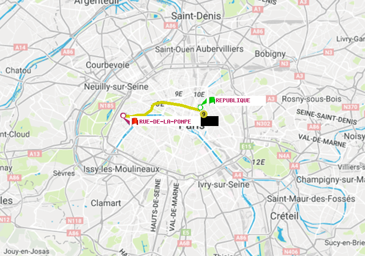 plan itinéraire ratp de République à Rue de la Pompe (Avenue Georges Mandel)