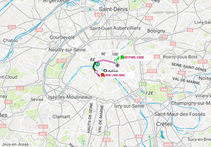 plan itinéraire ratp de République à Rue du Bac