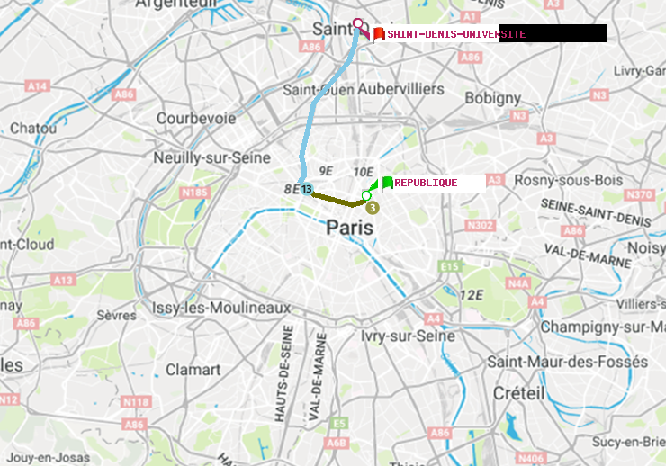 plan itinéraire ratp de République à Saint-Denis-Universite