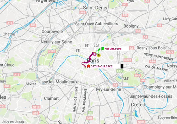 plan itinéraire ratp de République à Saint-Sulpice