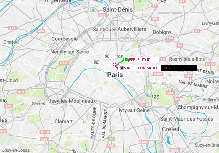 plan itinéraire ratp de République à Strasbourg-Saint-Denis