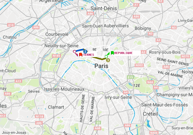plan itinéraire ratp de République à Ternes