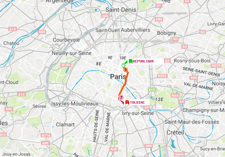 plan itinéraire ratp de République à Tolbiac
