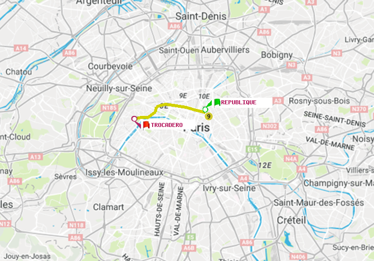 plan itinéraire ratp de République à Trocadéro