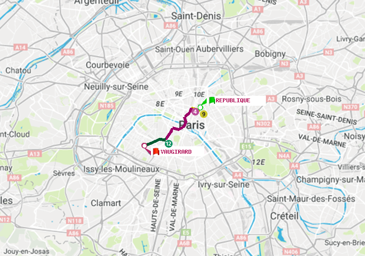plan itinéraire ratp de République à Vaugirard (Adolphe Chérioux)