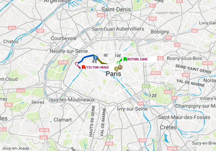 plan itinéraire ratp de République à Victor Hugo