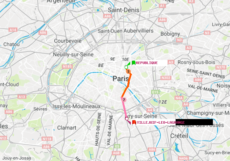 plan itinéraire ratp de République à Villejuif-Léo Lagrange