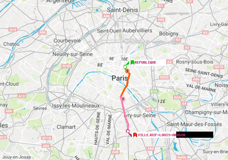 plan itinéraire ratp de République à Villejuif-Louis Aragon