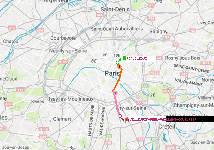 plan itinéraire ratp de République à Villejuif-Paul Vaillant Couturier (Hôpital Paul Brousse)