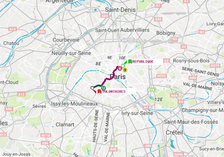 plan itinéraire ratp de République à Volontaires