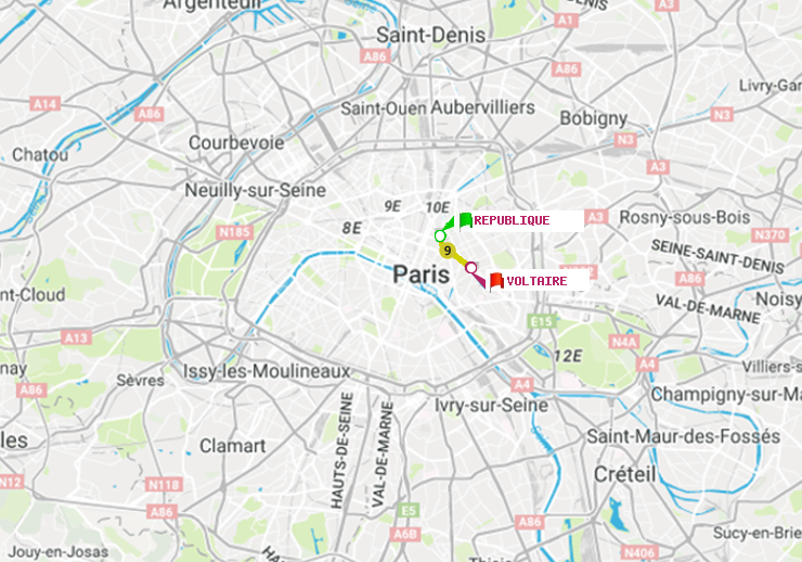 plan itinéraire ratp de République à Voltaire (Léon Blum)