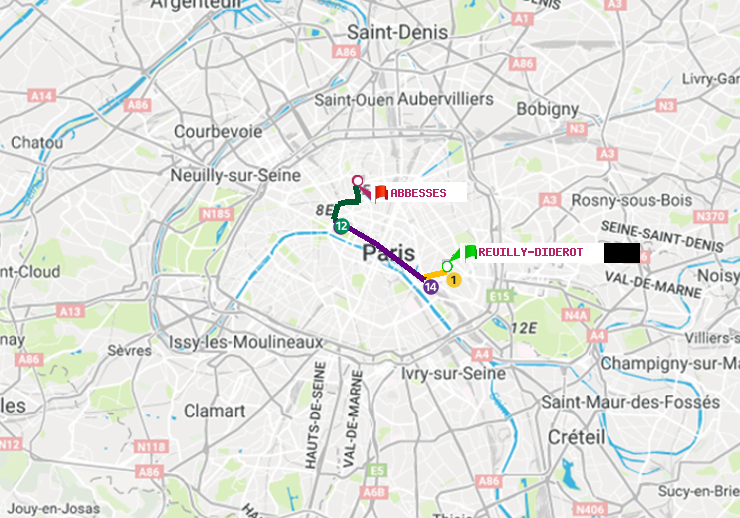 plan itinéraire ratp de Reuilly-Diderot à Abbesses