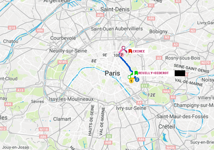 plan itinéraire ratp de Reuilly-Diderot à Crimée