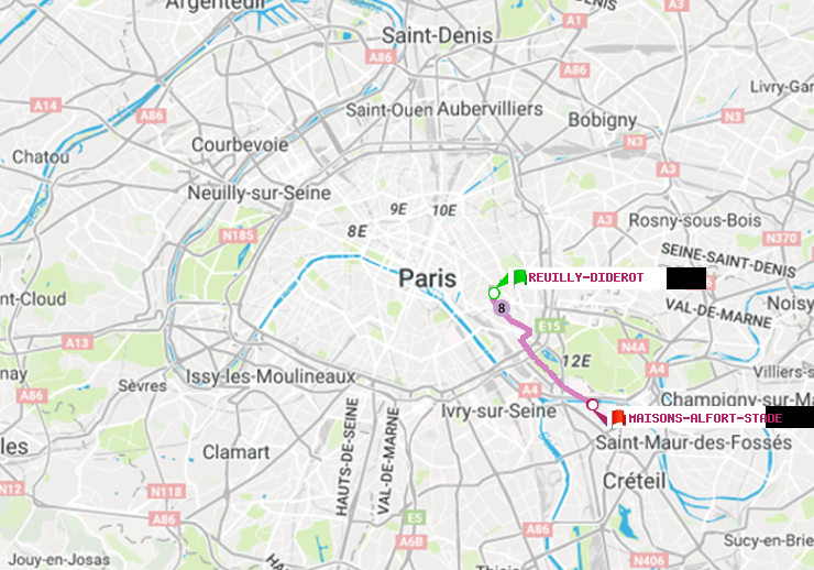 plan itinéraire ratp de Reuilly-Diderot à Maisons-Alfort-Stade