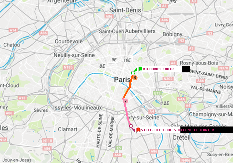 plan itinéraire ratp de Richard-Lenoir à Villejuif-Paul Vaillant Couturier (Hôpital Paul Brousse)