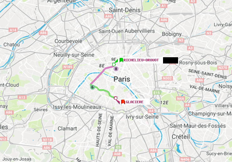 plan itinéraire ratp de Richelieu-Drouot à Glacière