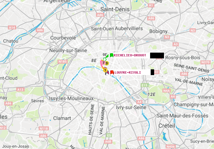 plan itinéraire ratp de Richelieu-Drouot à Louvre-Rivoli