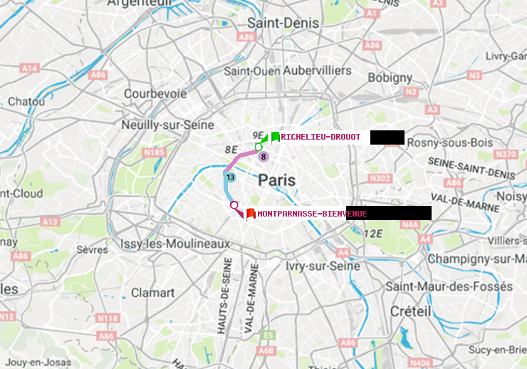plan itinéraire ratp de Richelieu-Drouot à Montparnasse-Bienvenue