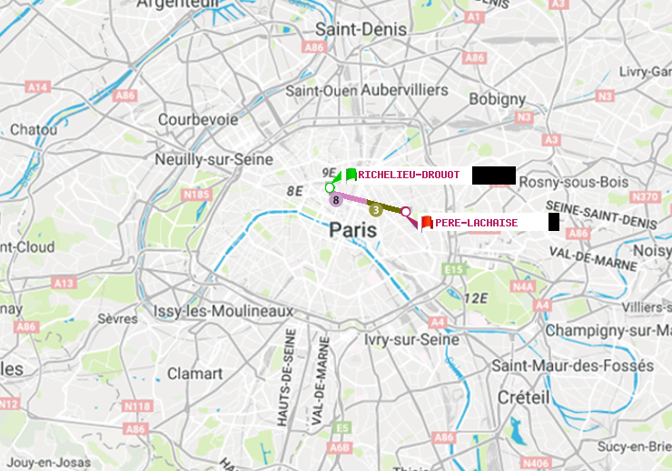 plan itinéraire ratp de Richelieu-Drouot à Père-Lachaise