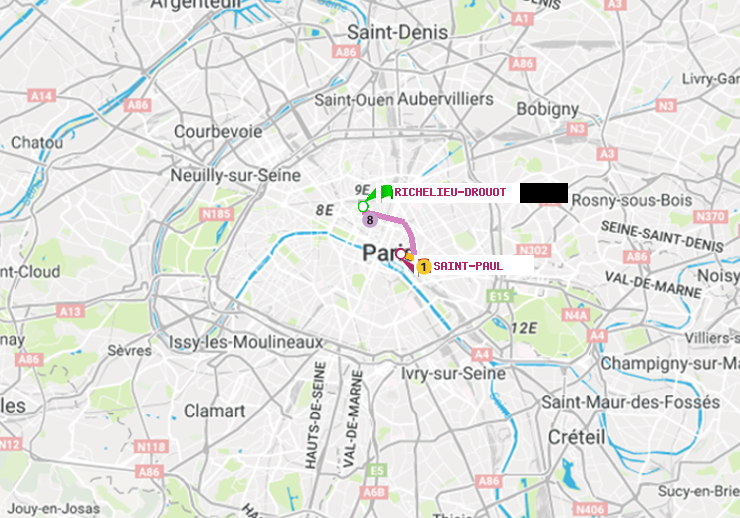plan itinéraire ratp de Richelieu-Drouot à Saint-Paul (Le Marais)