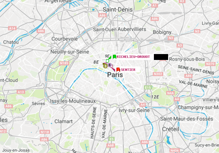 plan itinéraire ratp de Richelieu-Drouot à Sentier