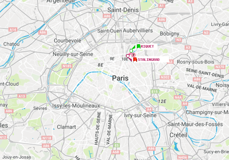 plan itinéraire ratp de Riquet à Stalingrad